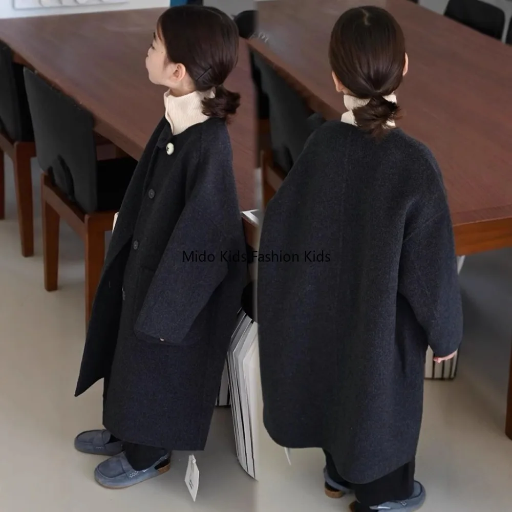 3-12Y Kids Spring Double Faced Cashmere Coat Long Wool Jacket Boys Girls Fashion 100-160cm