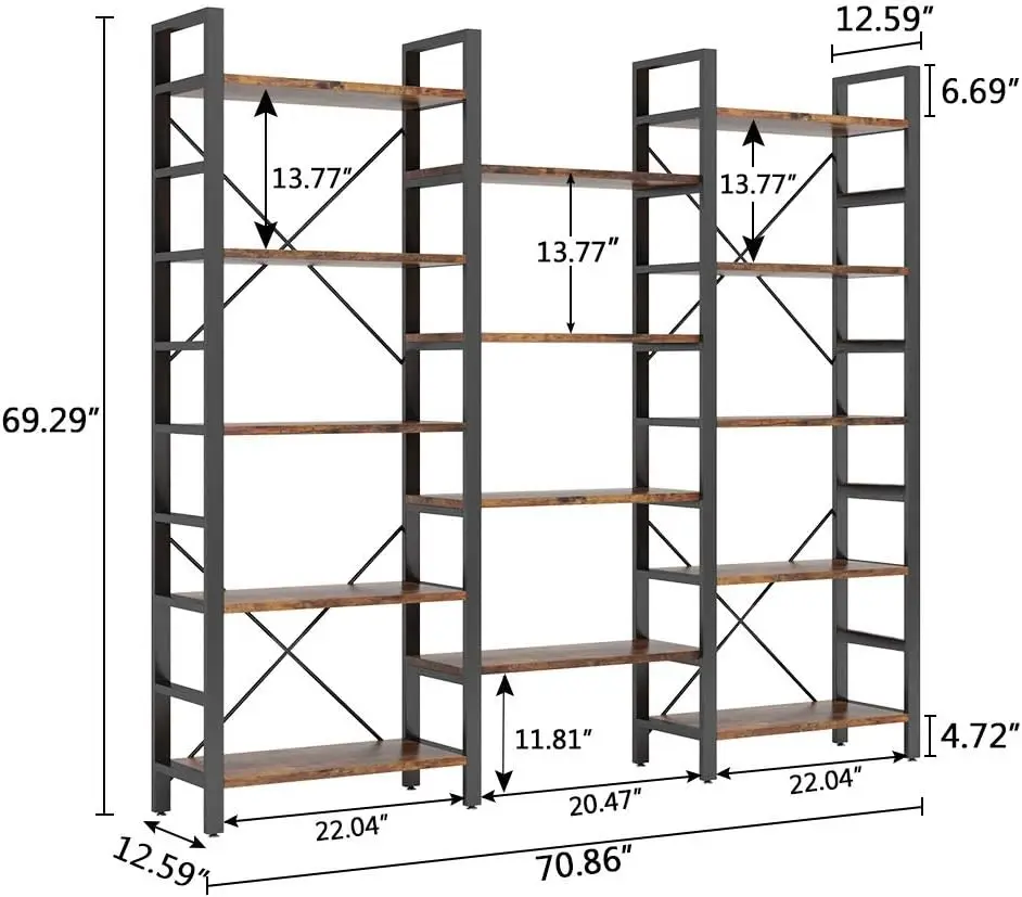 Triple Wide 5-Shelf Bookcase, Etagere Large Open Bookshelf Vintage Industrial Style Shelves Wood and Metal bookcases Furniture f