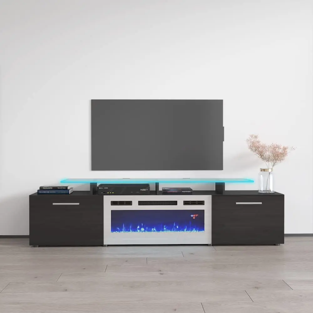 Modern High Gloss Fireplace TV Stand with Storage Cabinets & 16-Color LED Light System, 59.1x15.7x23.6in, Black, Customized