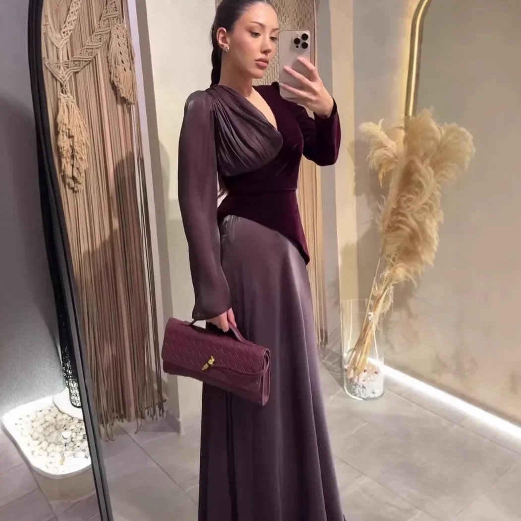 V Neck Long Sleeve Dress Maxi Length Elegant Style with Artistic Retro Fitted Waist Slim Fit Dresses Wedding Guest for Women