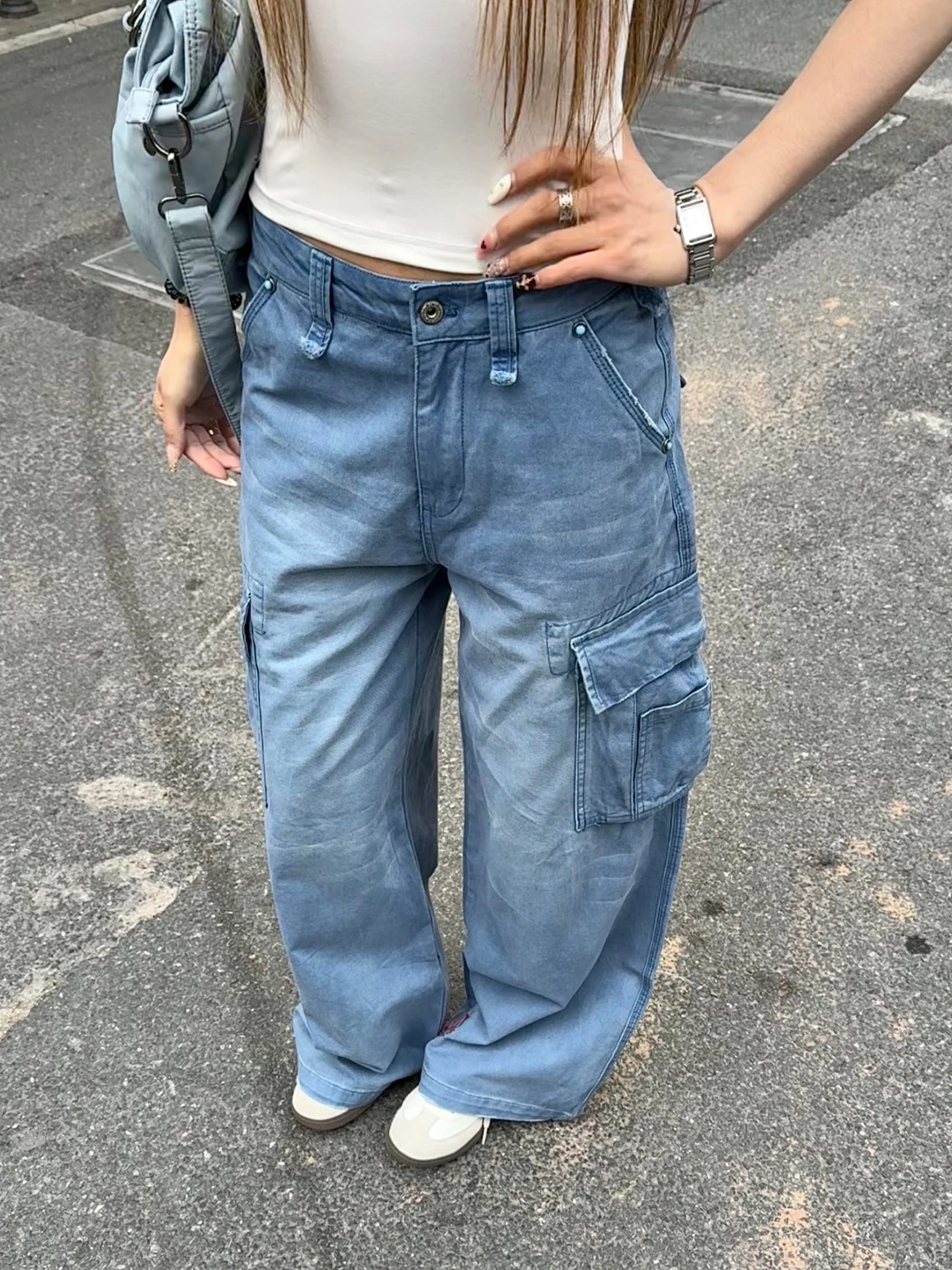 

Американские ретро-джинсы с широкими штанинами для женщин, свободный крой, утягивающие, весенние, хлопковые, с деталями на поясе
