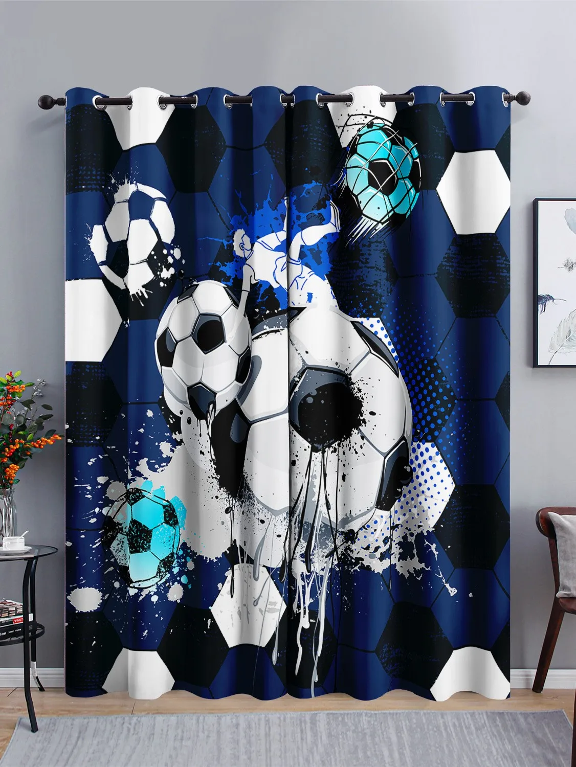 

Football Graffiti Art Design Sports Children 2 Pieces Shading Polyester Darkening Curtain for Living Room Bedroom Decor Hook