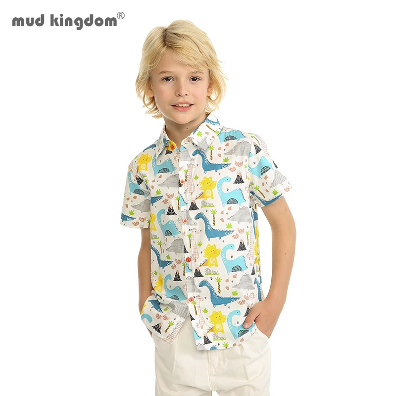 Mudkingdom Boys Hawaiian Shirt Dinosaur Floral Printing Short Sleeve Tops for Toddler Clothes Beach Holiday Button Down T-shirts