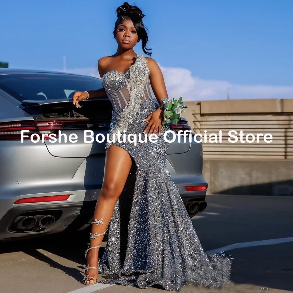Giltter Gray Mermaid Prom Dresses Sequins Rhinestone Slit Gala Cocktail Party Dress Vestidos De Fiesta Customized