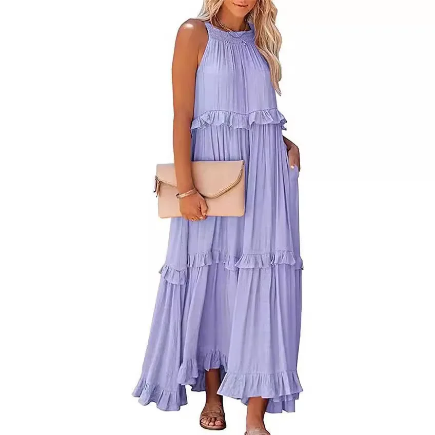 Women Summer Solid Boho Beach Maxi Dress O Neck Sleeveless Back Bow Tie Pocket Big Hem Ruffles Elegant Vacation Dresses Robes