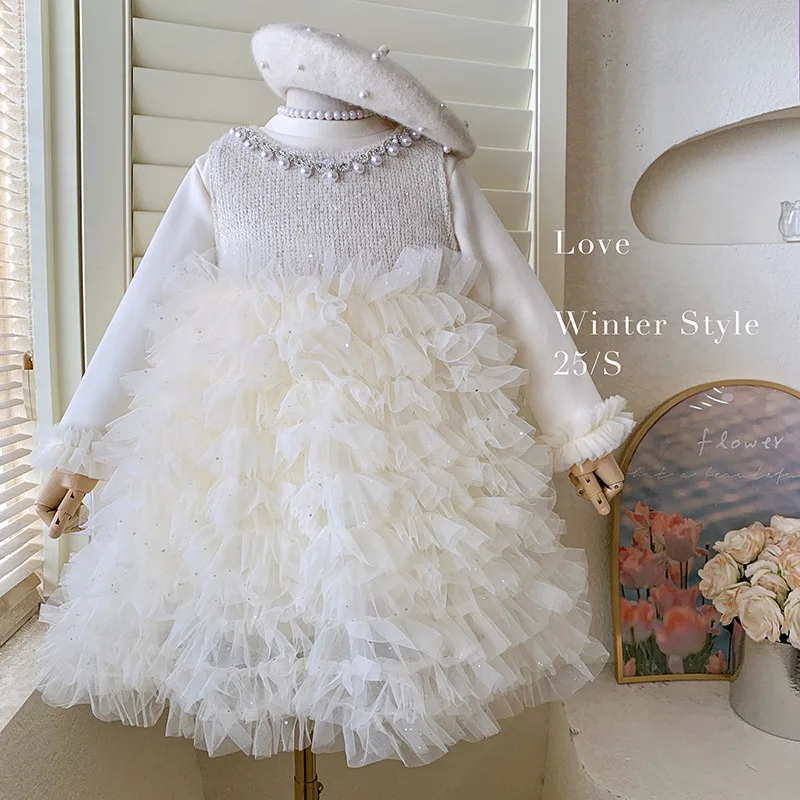 

Infant Baby Girls Two-piece Set Winter Pearl Collar Thicken Kids Girls Warm Princess Dress+solid Color Toddler Girls Shirt Suit