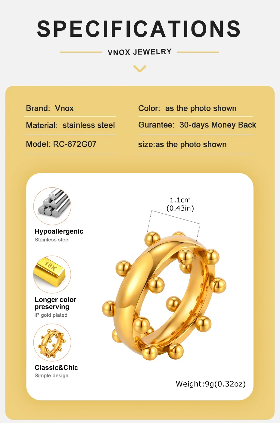 Vnox Geometrischer Perlen-Fidget-Ring für Männer, Edelstahl Anti-Stress Angstlösender Fingerring, Punk Statement Schmuck Geschenk Neu – Detail 6
