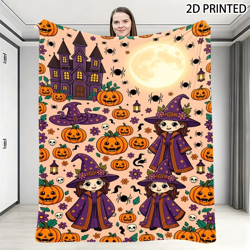 Whimsical Halloween Themed Throw Blanket with Spooky Purple Castle, Grinning Pumpkins, Cute Witches & Eerie Elements, Soft Cozy