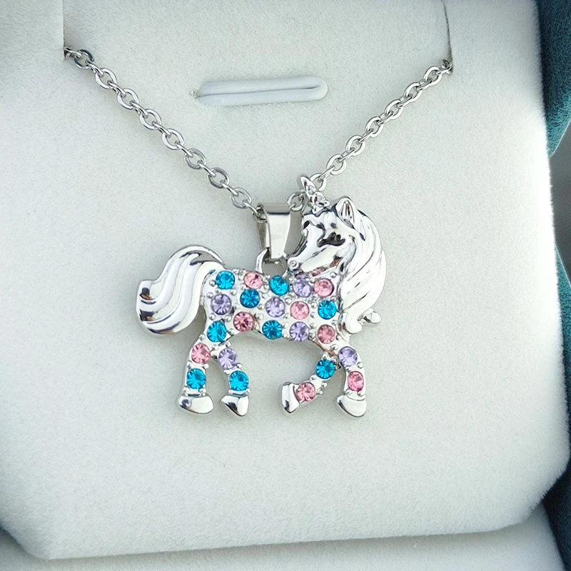 Cute Colorful Crystal Unicorn Horse Pendant Necklace For Girls Boys Children Jewelry Gifts