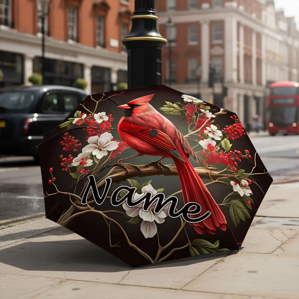 Custom Name Umbrella Northern Cardinal Bird Branch Berry Floral Print Folding Umbrella Compact Portable Travel Parasol