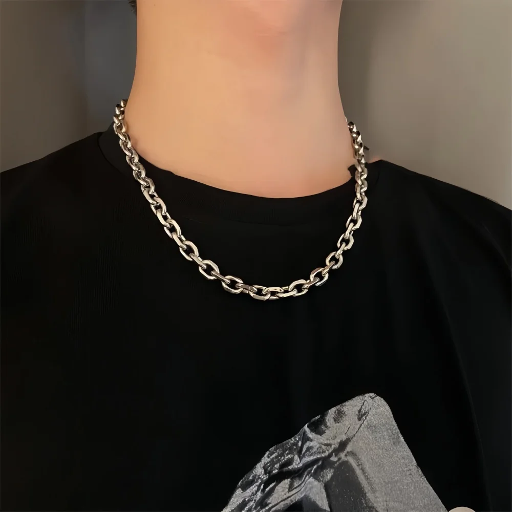 Herren Retro Silberfarbene Edelstahl-Halskette Hip-Hop Dicke O-Kette Schmuck Rock Einfaches Outfit Halsketten-Accessoire Geschenk – Detail 3