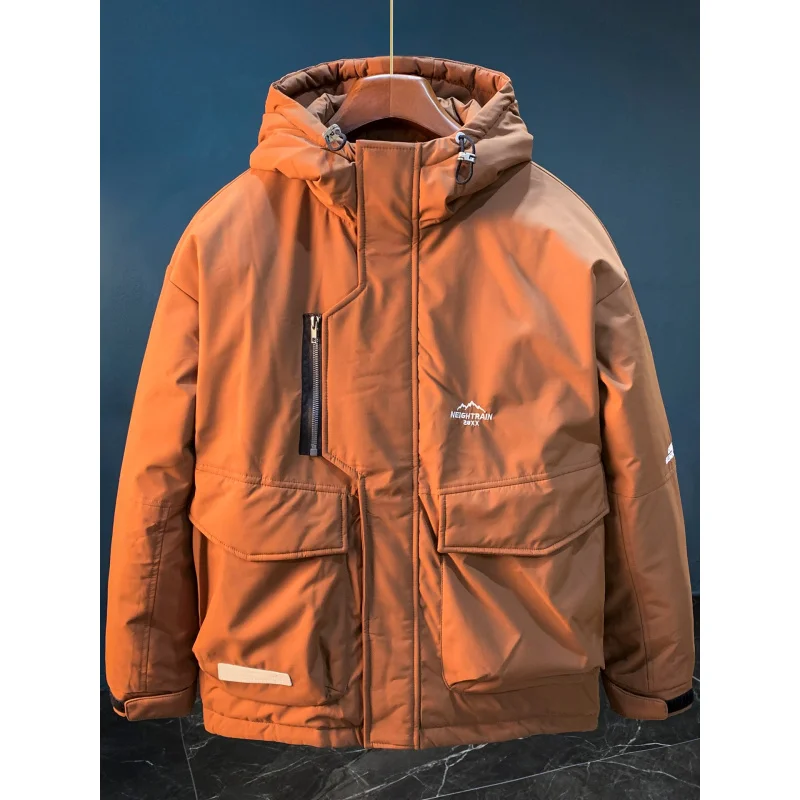 Outdoor cold resistant hooded down jacket for men's winter trend windproof duck down with added fleece warm jacket