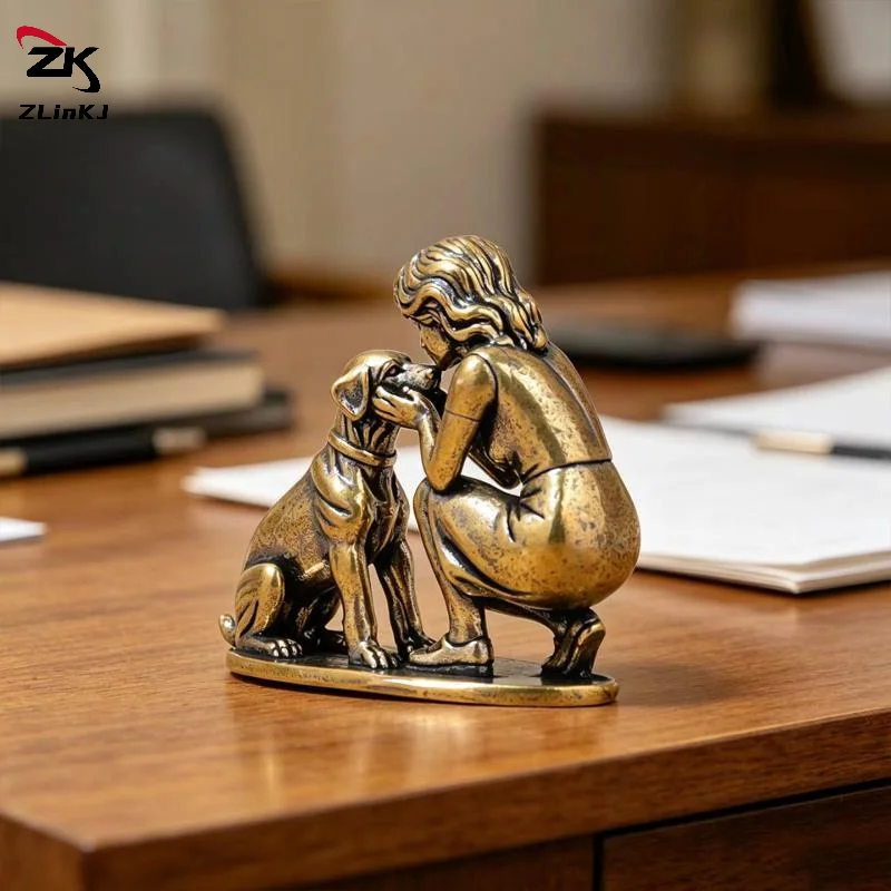 (ZYDD01) 1Pcs Brass Girl Dog Figure Home Desk Ornament Retro Figurine Small Decorative Crafts Creative Decor - view 4