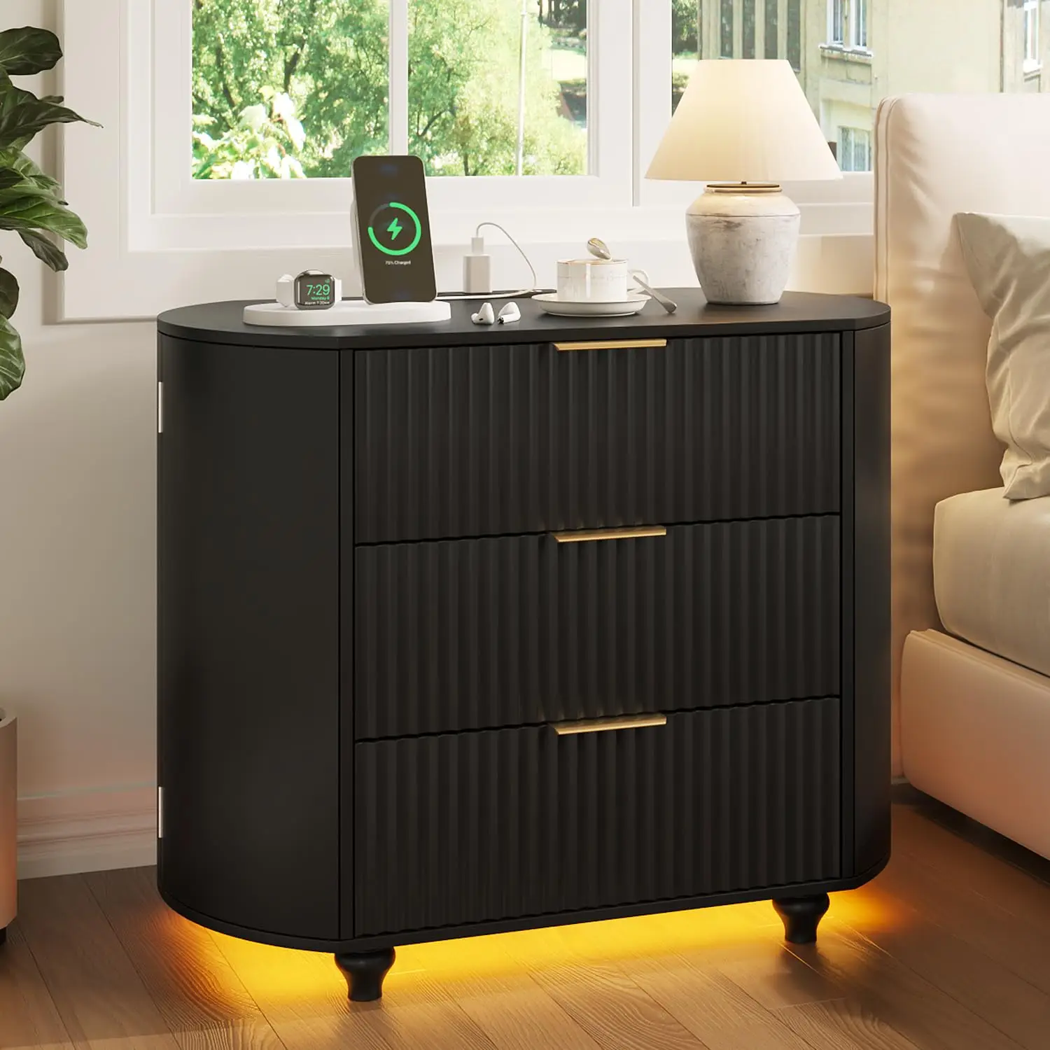 Large Nightstand with Charging Station & LED Lights, 31