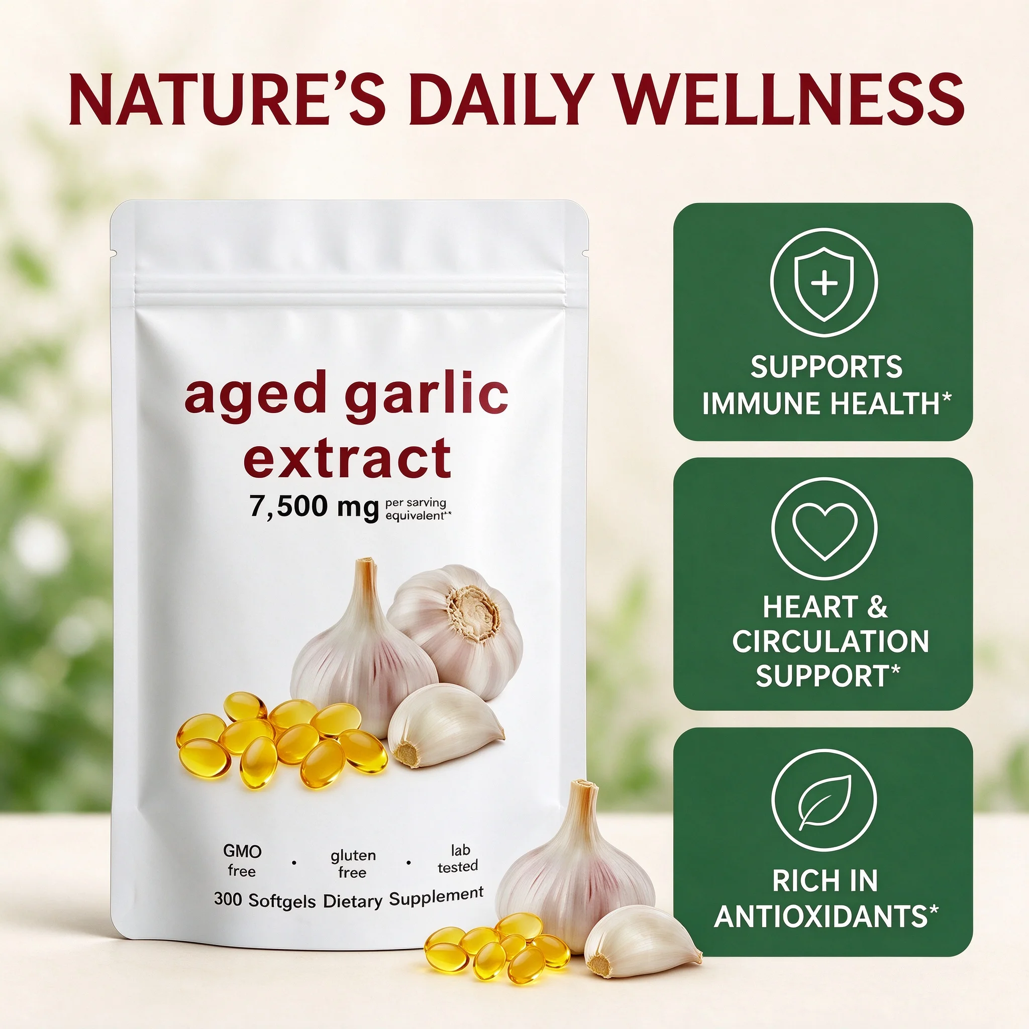 Aged Garlic Extract Softgels Odorless High Potency Immune Support Blood Circulation 300 Softgels Non GMO Daily Supplement