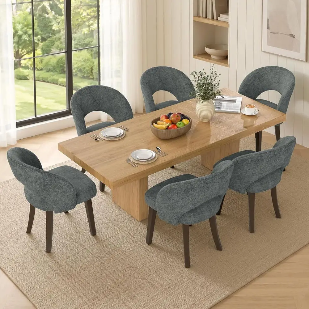 

6-Piece Modern Dining Chairs with Solid Wood Legs, Curved Back Design, Gray Upholstered Seats for Kitchen or Dining Room