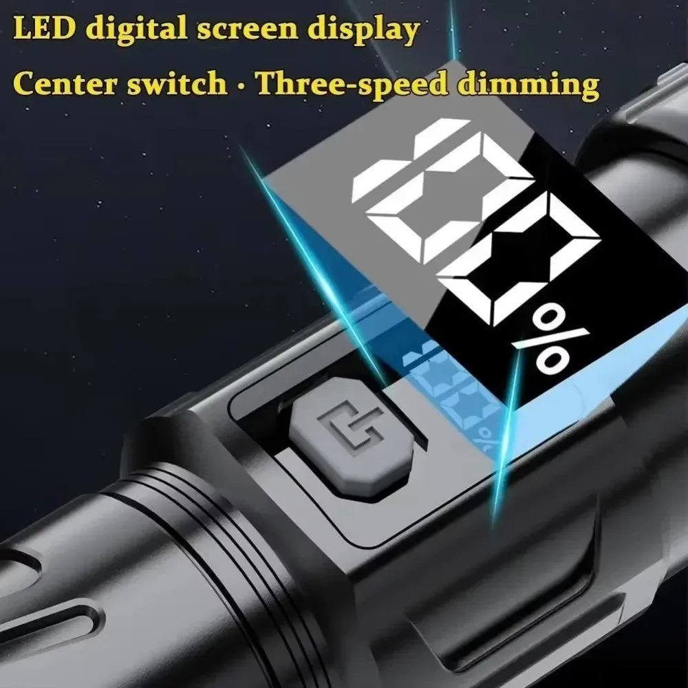 Rechargeable Super Bright LED Flashlight Portable Telescopic Sliding Zoom Outdoor Strong Light Flashlight Digital Display