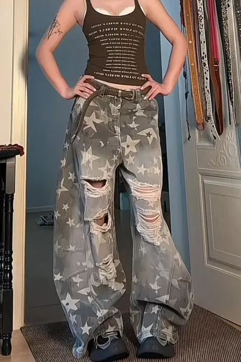 

Женские винтажные потертые джинсы больших размеров с вышивкой звезд, уличная одежда, свободный крой, широкие брюки с высокой талией, потертые джинсовые брюки