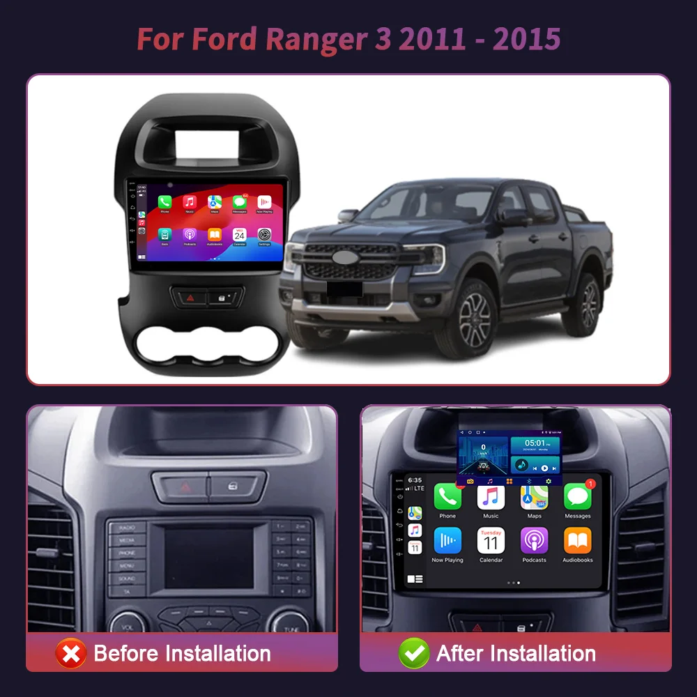 Android 14 For Ford Ranger 3 2011 - 2015 Auto Wireless Carplay Car Radio Multimedia Player Navigation Bluetooth WIFI  NO 2DIN