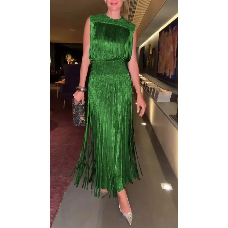 European and American Cross-border New Amazon Independent Station Elegant Fringed Dress Party Sleeveless Dress Two-piece Set