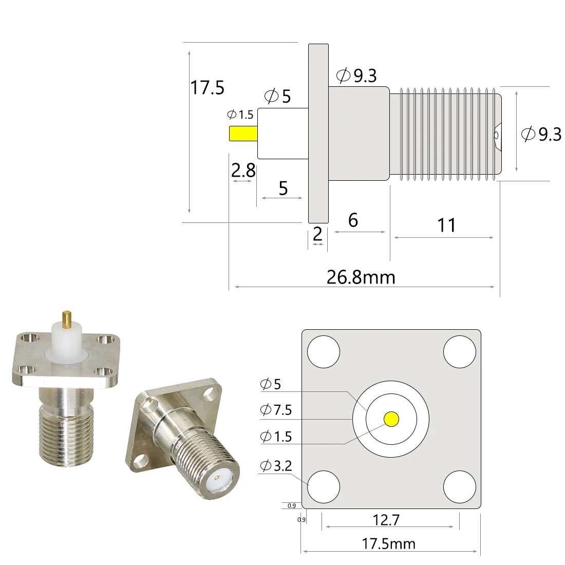 1Pc F Type Vrouwelijke Jack Rf Connector 4-Hole Panel Mount Chassis Soldeer Post Nieuw