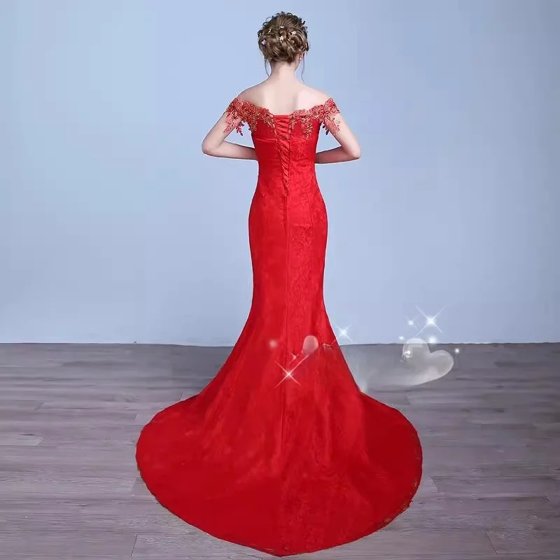 It's yiya Red Wedding Dresses Cheap Simple Lace Appliques Off the Shoulder tromba Mermaid Trailing Plus size abiti da sposa XN085