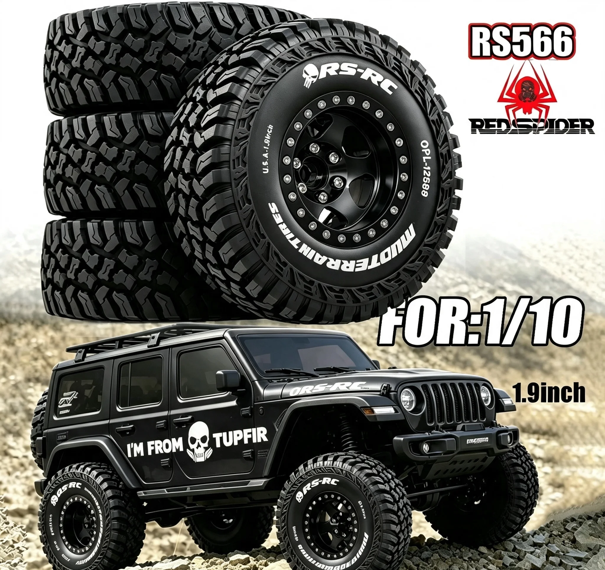RED SPIDER 4pcs1.9'' Beadlock Wheels and Tires Rim OD 4.72'' for 1/10 RC Crawler Car Axial SCX10 III AXI03007 TRX-4 Redcat GEN 8
