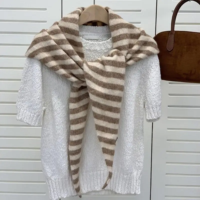 

N7YE Women's Faux Cashmere Feel Knitted Triangular Scarf Thick Warm Striped Large Shawl Wrap for Travel and Outdoor Activity