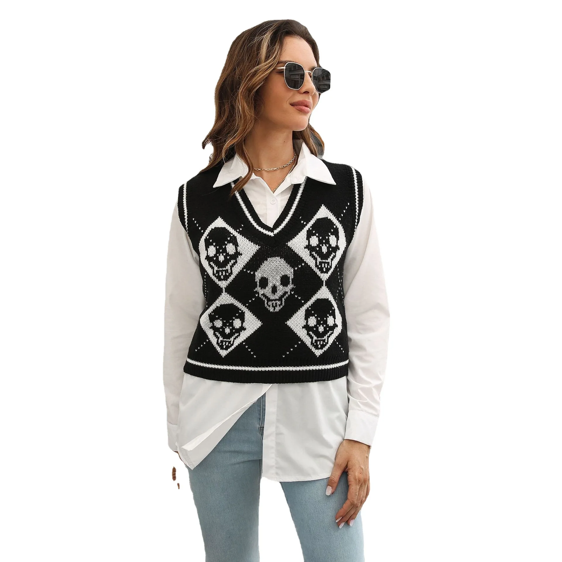Y2K Halloween teschio jacquard gilet rombico maglione gilet da donna autunno e inverno maglioni europei e americani nuovi