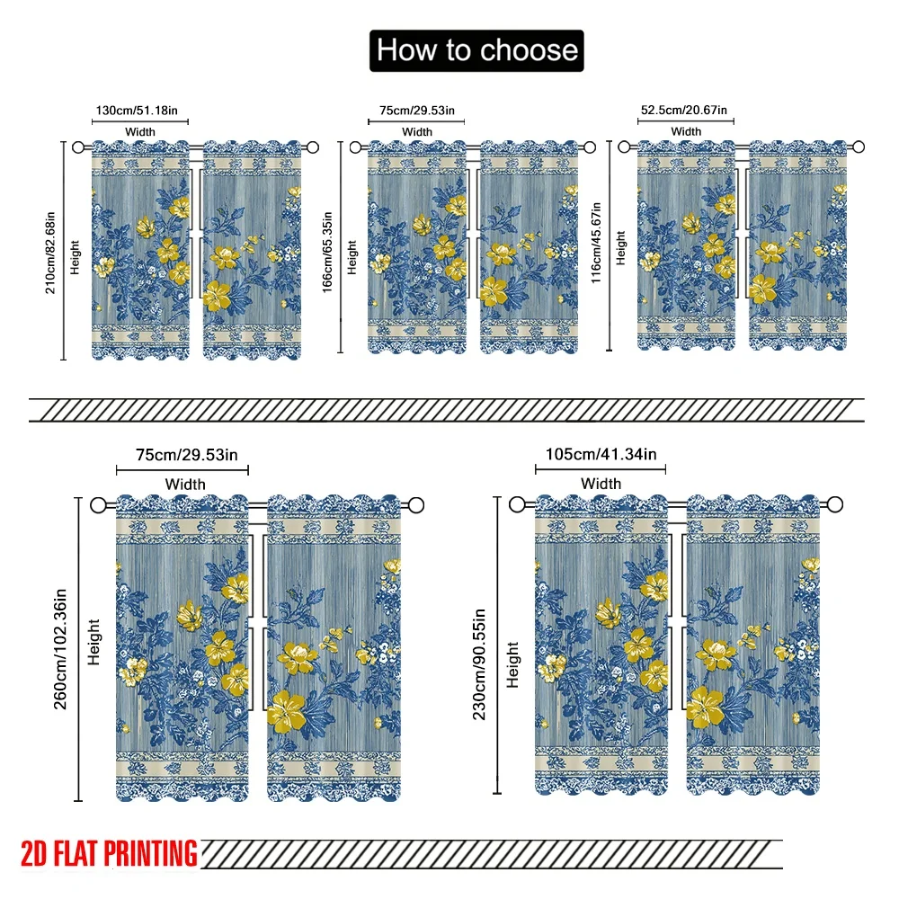 2 قطعة، ستائر مطبوعة بطباعة طائرة أزرق أصفر خطوط زهرية بوليستر (بدون قضيب) ديكورات داخلية للاستخدام لغرفة النوم،
