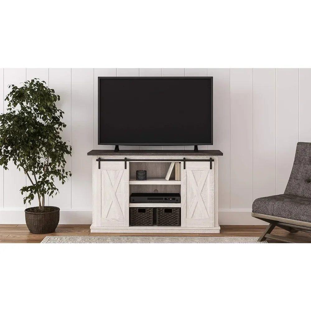 

Signature Design Farmhouse TV Stand Fits TVs up to 50" with Sliding Barn Doors and Storage Shelves, Whitewash & Gray