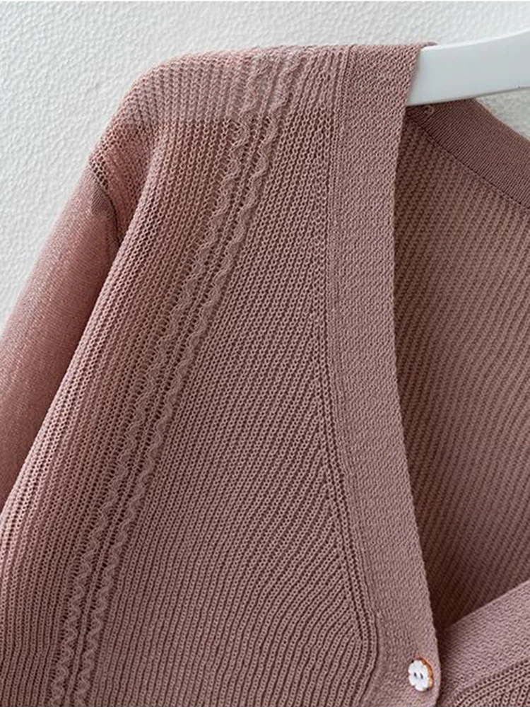 Hollow Out Knit Ice Silk Loose Cardigan Long Sleeve Outwear Spring Tops Korean Casual Elegant Coat Knitwear V-neck New Jackets