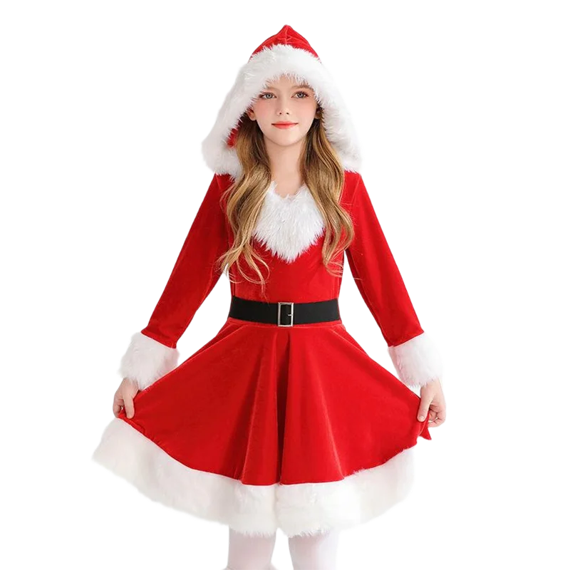 

oshkang European And American Christmas One-piece Costume For Girls Long-sleeved Red Dress Clothing For Christmas Party Dress-up
