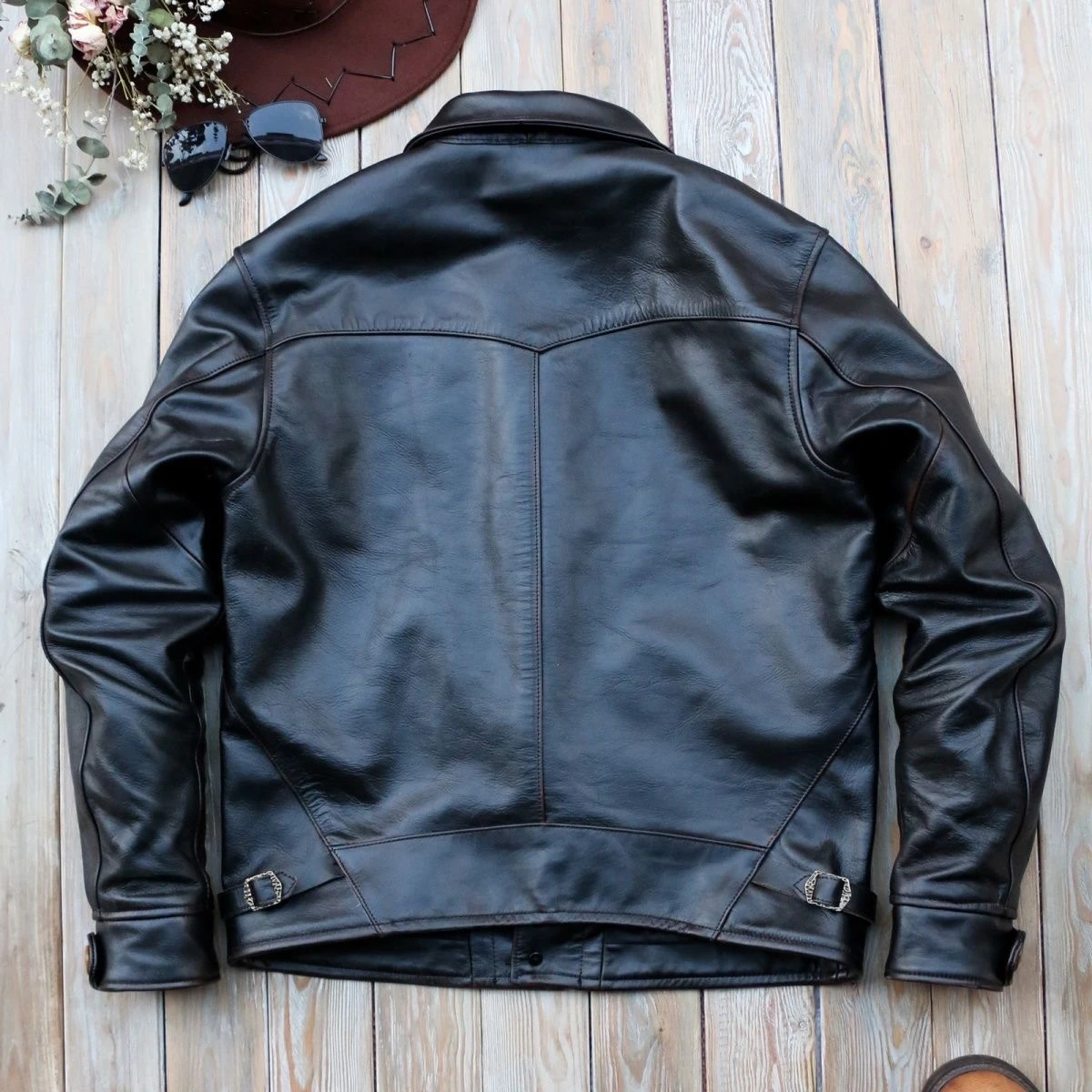 سترة جلدية رجالية أصلية بنمط RRL، سميكة بقلب من جلد الحصان، تصميم ياباني عتيق، سترة راكبي الدراجات النارية، قصة ضيقة وطول قصير