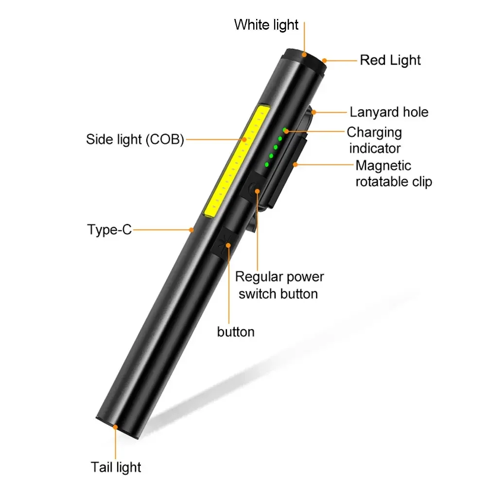 Multifunctional 4 in 1 LED Flashlight Mini USB Rechargeable 800mah Pen Clip Flashlight 365nm UV Light COB Camping Work Repair