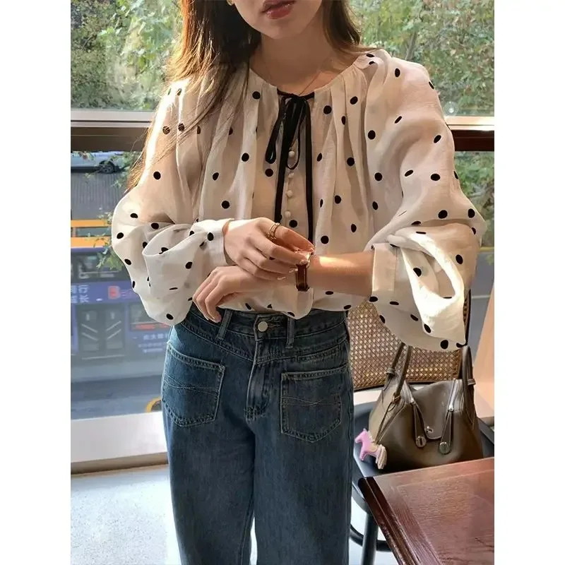 

Женская блузка с рукавами-фонариками в горошек, новинка 2023 года, весенняя шифоновая рубашка с длинными рукавами, весенне-летние топы