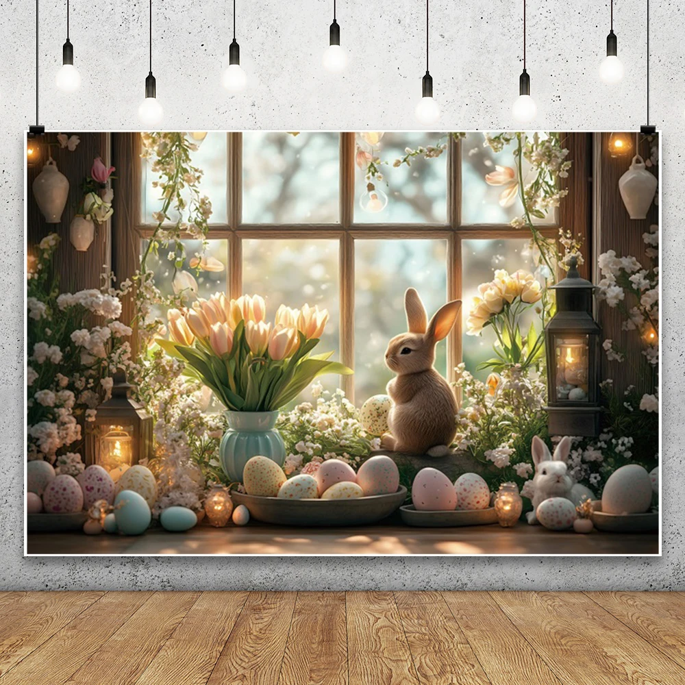 Latar belakang Tulip Paskah musim semi untuk fotografi, latar belakang foto ulang tahun, jendela kayu bunga, telur warna-warni, fotografi, kelinci