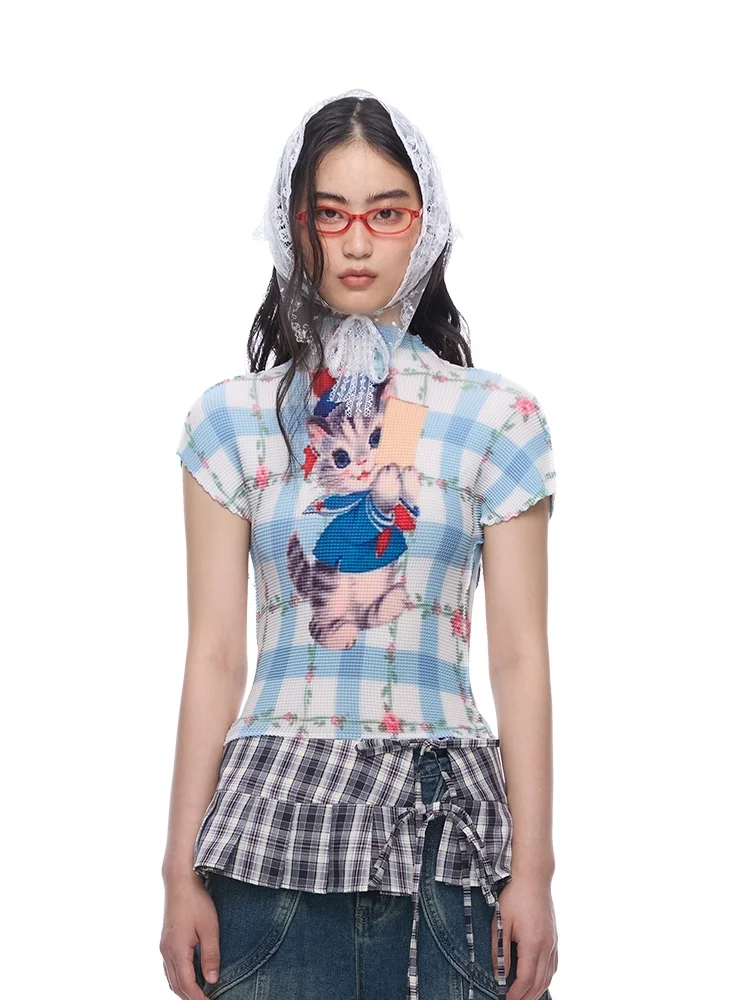 

MOF Girl Blue Plaid Navy Pleated Shirt Cute Princess Style Short Sleeve Polyester T-shirt for Young Women Summer Fashion