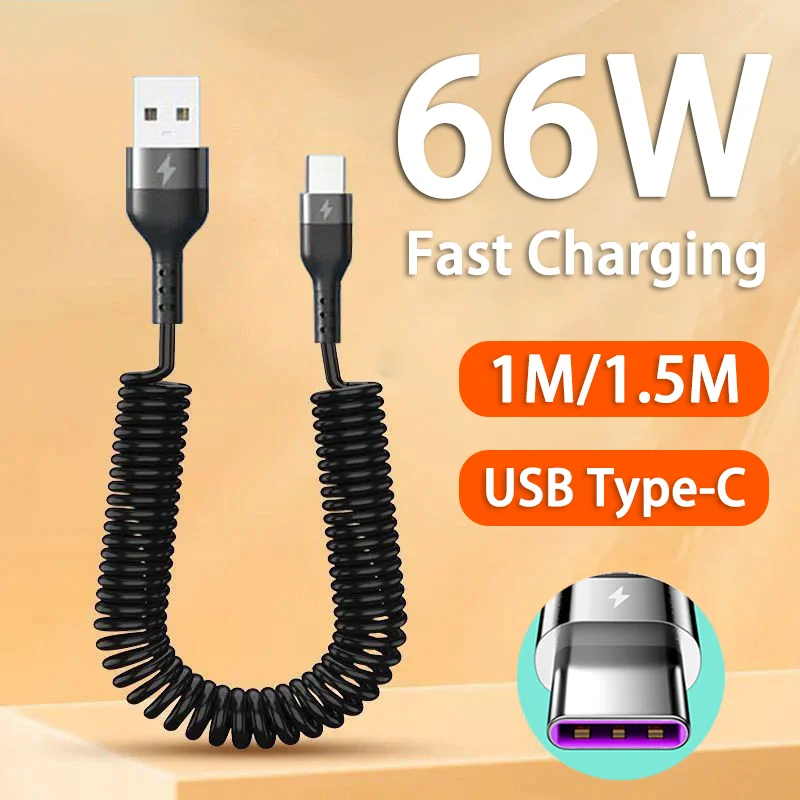 66W 5A Fast Charging USB Type C Cable 3A Micro USB Spring Car USB Cable for Samsung Xiaomi Redmi Honor Phone Charger USB C Cable