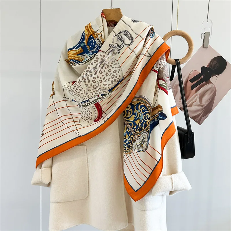 Light luxury saddle world silk wool square scarf double-sided heterochrome handmade curling fashion shawl scarf