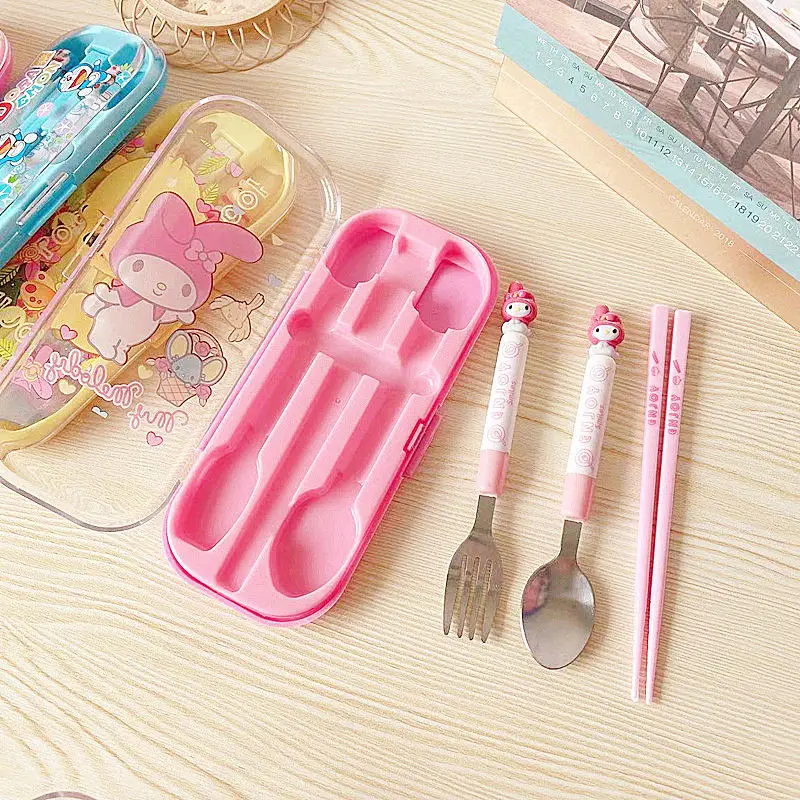 Cartoon Sanrio Kids Tableware Set Cute Portable Tableware Storage Box Student Purin Dog Chopsticks Spoon Fork Set