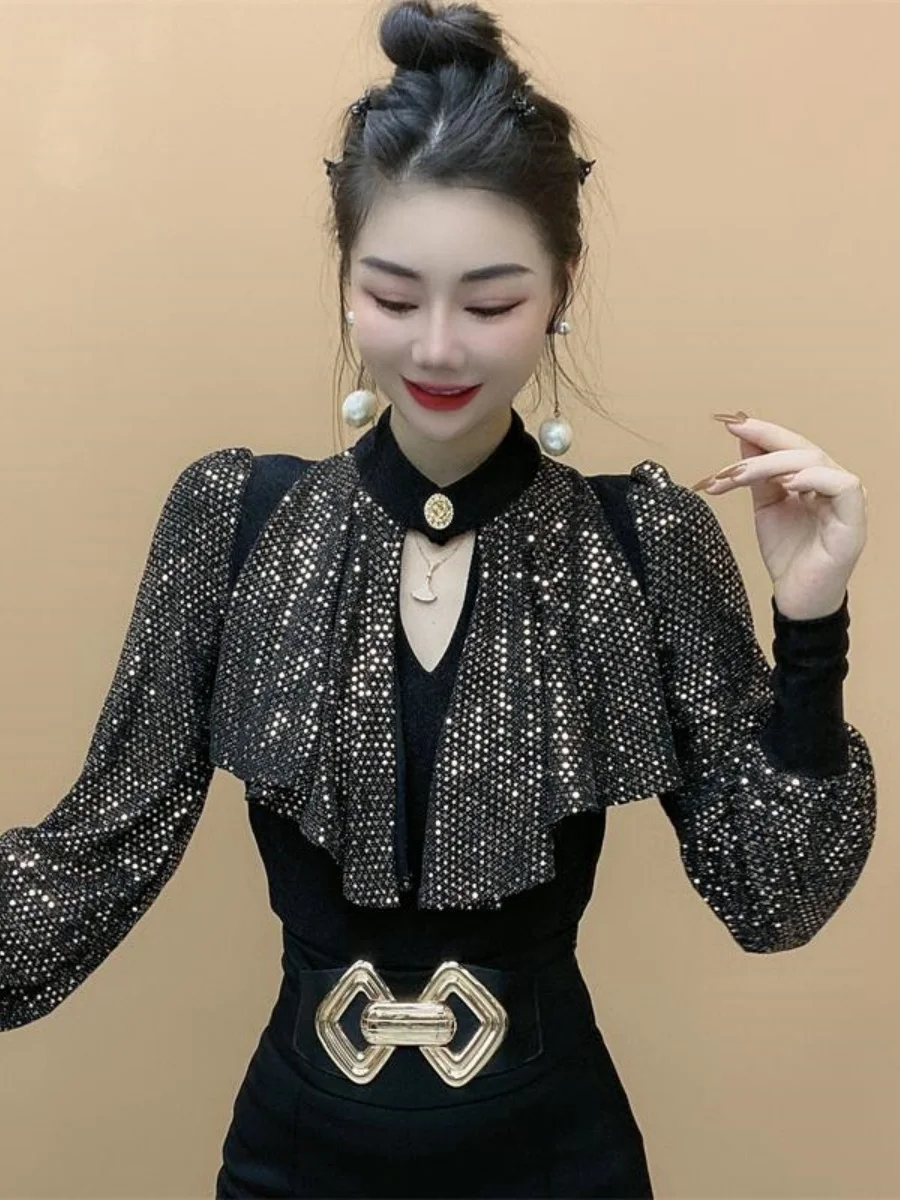 

Женская базовая кофта Ele Sequin с высоким воротником и длинными рукавами, облегающий крой, модный дизайн, для осени