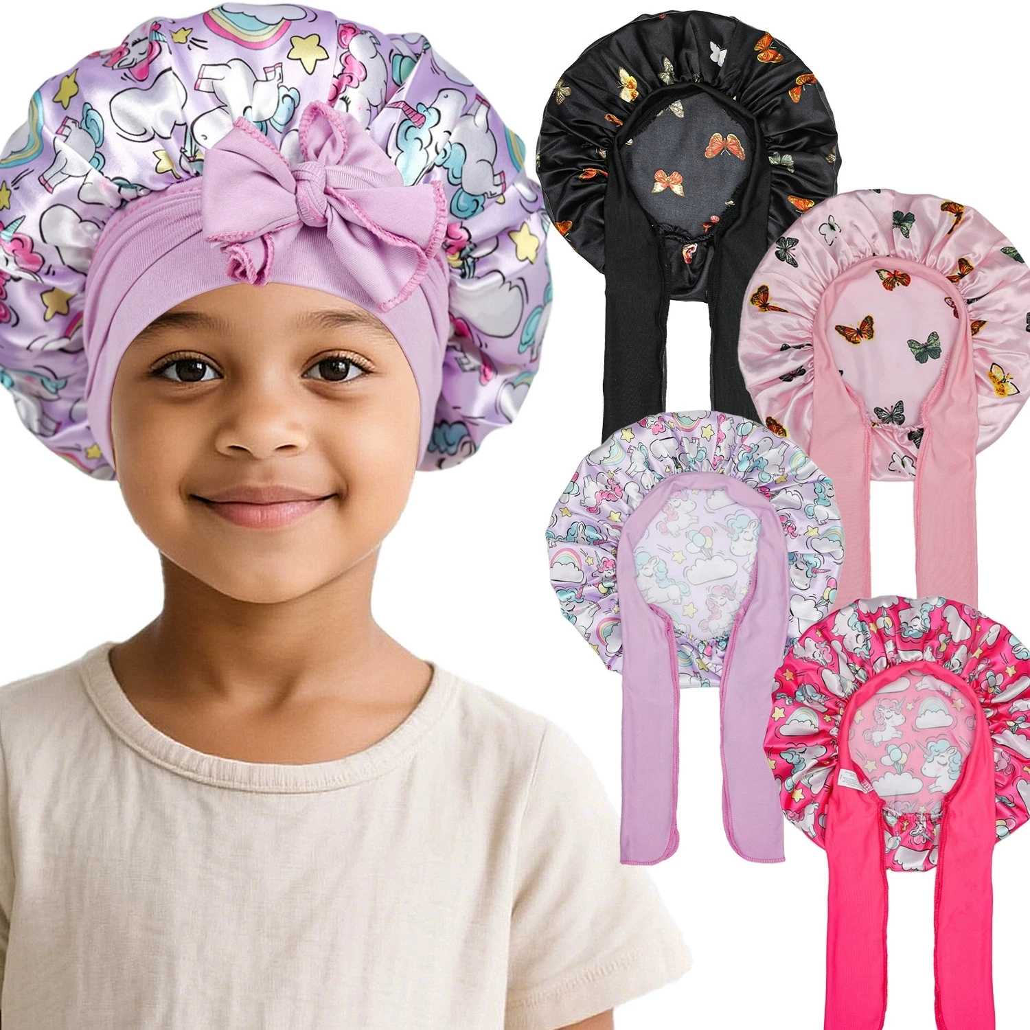 Floral Cartoon Print Girls Satin Bonnet Night Sleep Cap Hair Protect Hair Caps Silk Bonnet Children Evening Sleeping Ribbon Hat