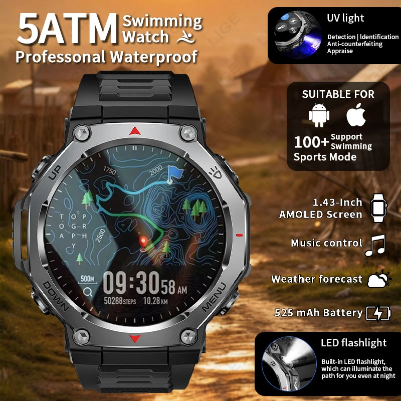 

T-Rex 3 Men Smart Watch 5ATM Waterproof 1.43inch AMOLED HD Screen BT Call Flashlight Military Sports Mens Smartwatch Android iOS