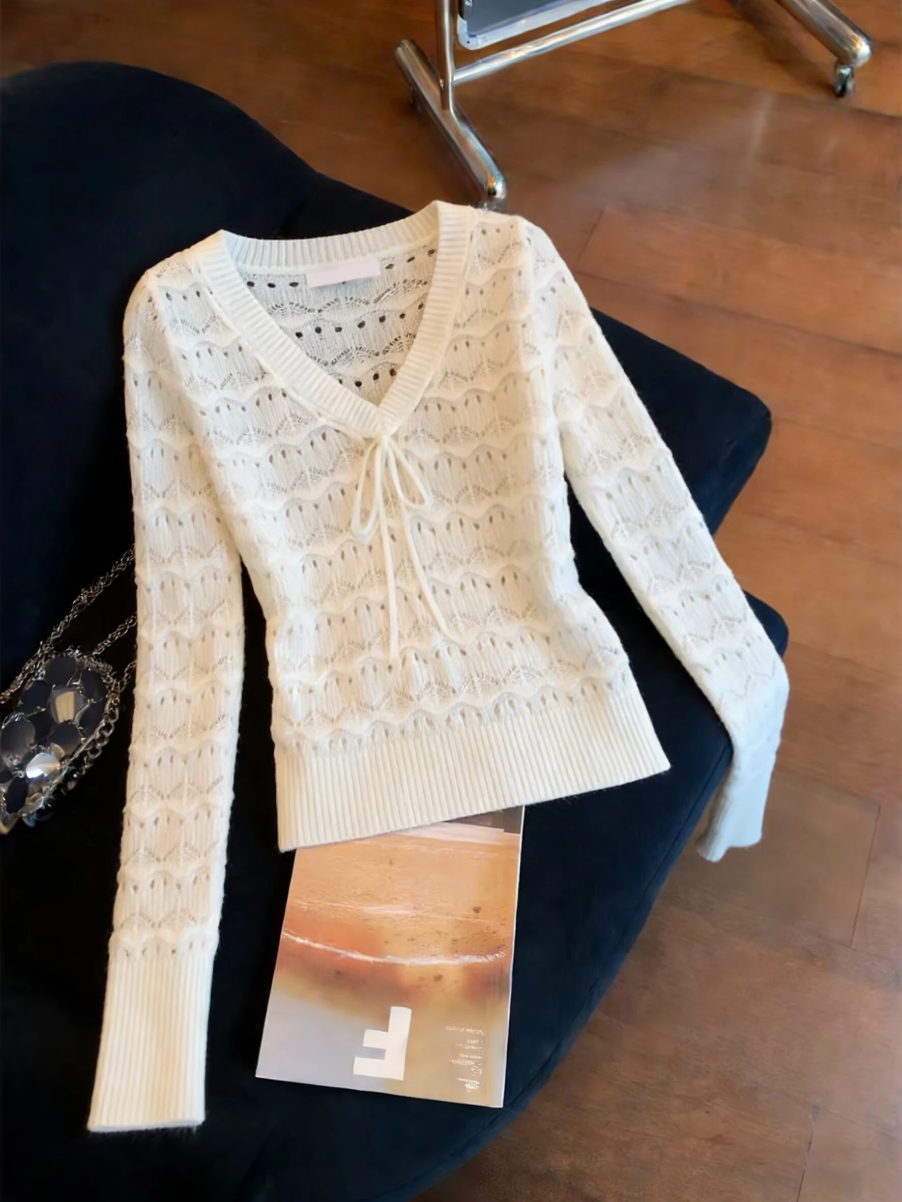 

Ele Pure Desire Sle Women's Long Sve V-Ne Knitted Top Hollow out Casual Versatile Spring Autumn Faion Top