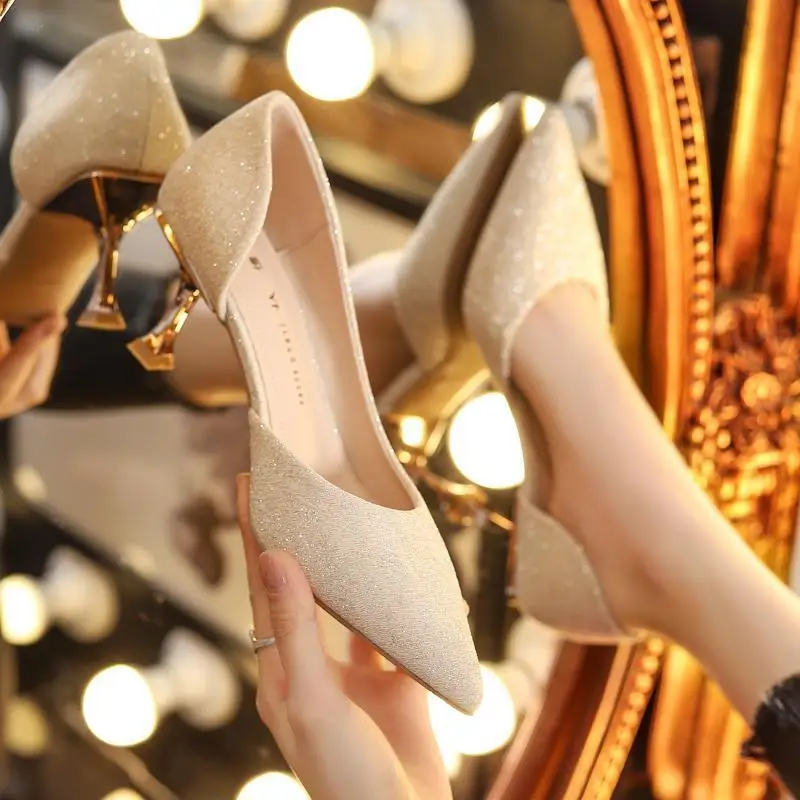 High heels 2026 spring new item slim heel pointed versatile single shoes women's low heel wedding shoes women's shoes
