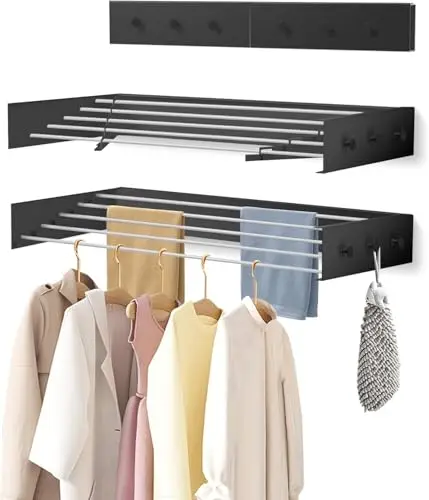 

Black Wall-Mounted Folding Laundry Rack With 6 Hooks, 60 Lb Weight Limit, Compact Space-Saving Design
