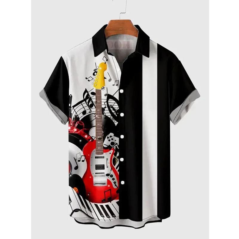 Hawaiian Men's Shirts Clothing Music Guitar 3D Print Men Clothing Summer Daily Short Sleeve Beach Fashion Oversized Lapel Blouse
