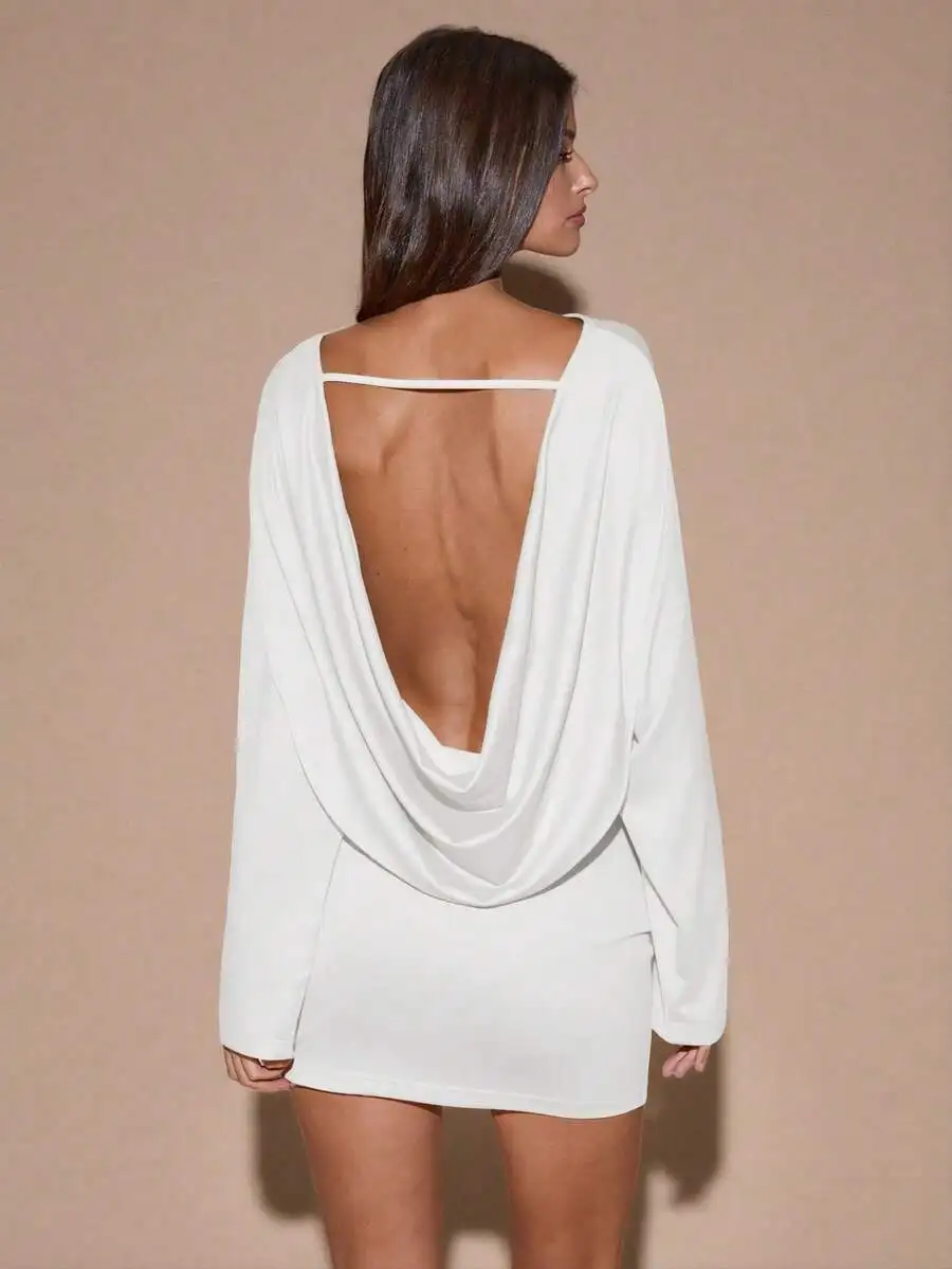 

White Long Sleeve Loose Backless Mini Dress For Party Night Out