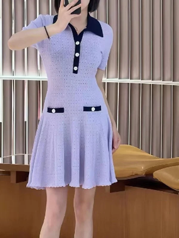 

Вязаная юбка А-силуэта с вырезами на талии, в стиле колор-блок, с воротником, для лета, для повседневной носки, с высокой талией